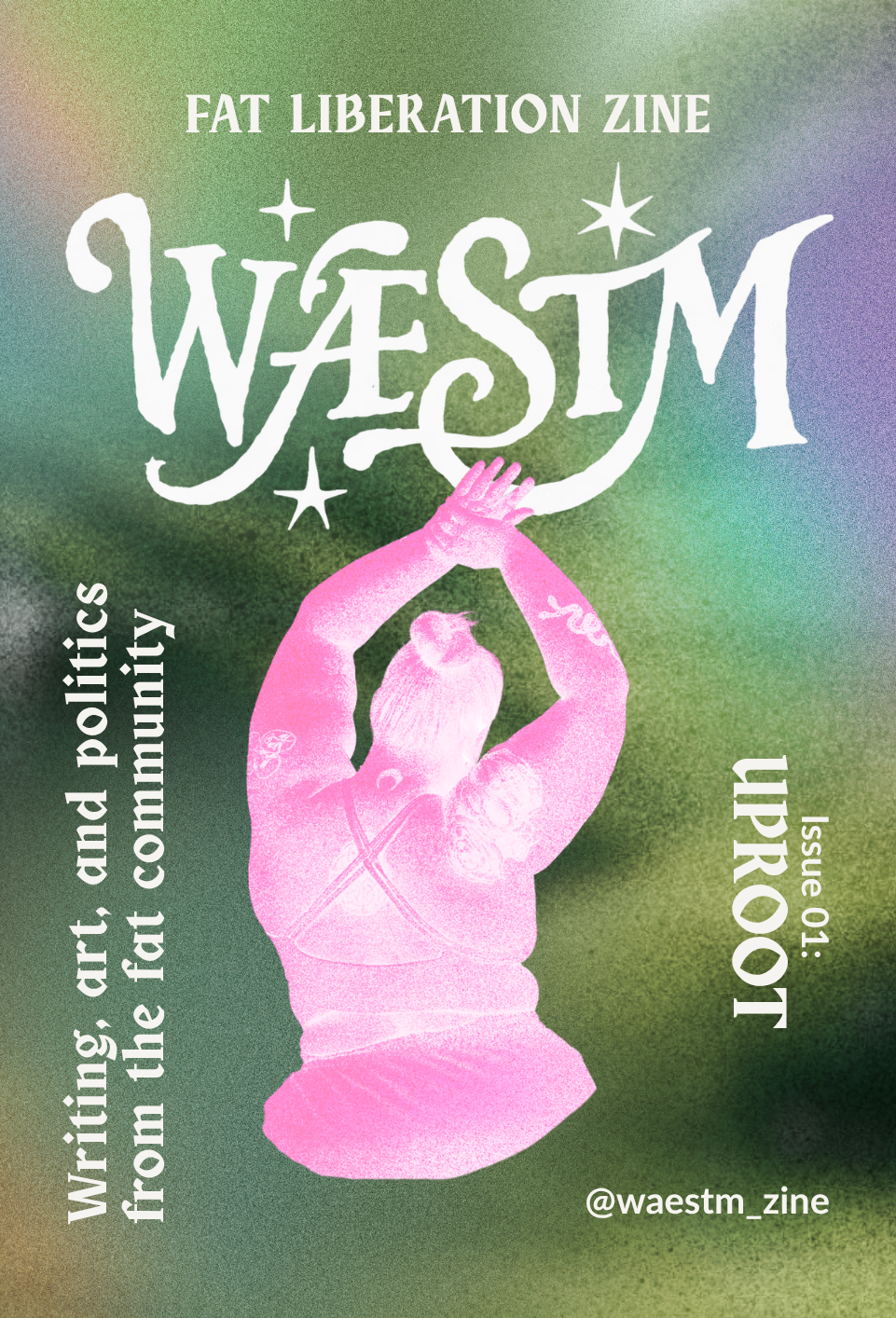 The UPROOT cover: a pink figure with raised arms on a green background, under the WÆSTM wordmark